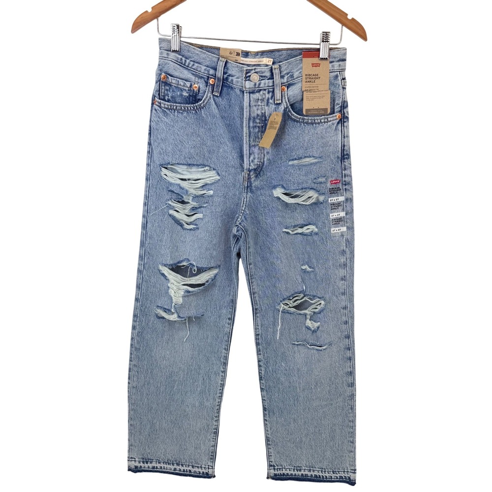 Levi's Ribcage Straight Ankle Jeans Womens 27 Light Wash‎ Distressed Button Fly